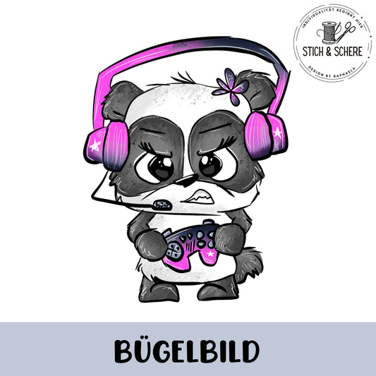 Niedlicher Gaming-Panda als Bügelbild für individuelle DIY-Kleidung.