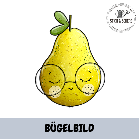 Birnenzeit Bügelbild – grün-gelbe Birne mit großer runder Brille von Katzengold Designs