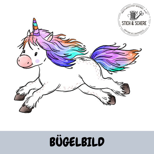 Einhorntraum Bügelbild – galoppierendes weißes Einhorn mit bunter Mähne und Schweif von Katzengold Designs