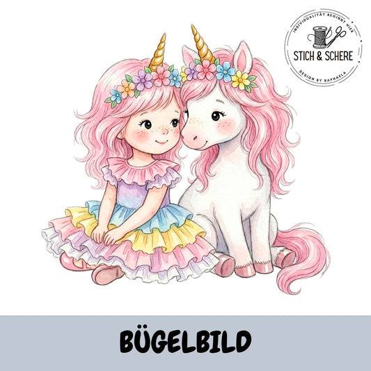Bügelbild Einhornzauber mit Mädchen im Regenbogenkleid und Einhorn Seite an Seite als beste Freunde