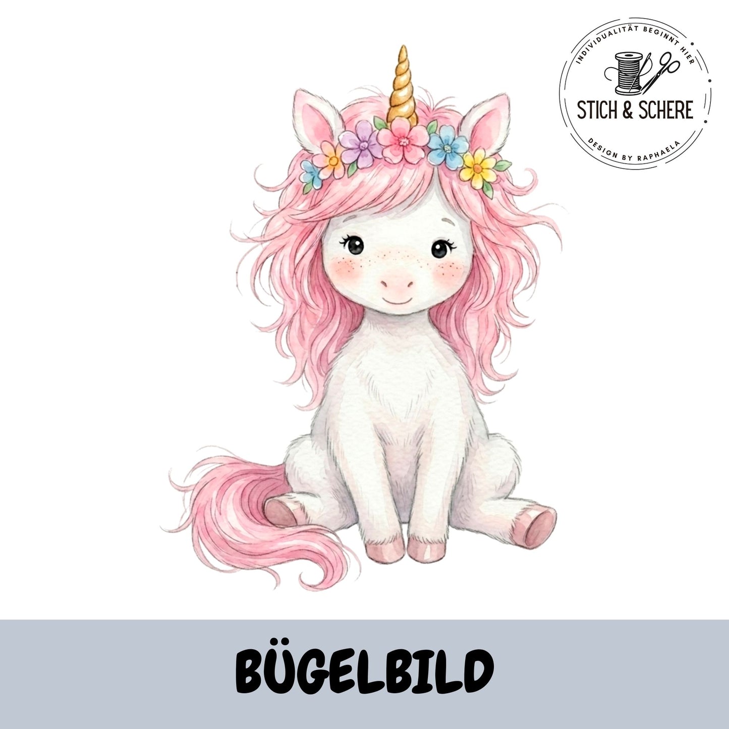 Bügelbild Einhornzauber mit niedlichem weißem Einhorn, rosa Mähne und buntem Blumenkranz