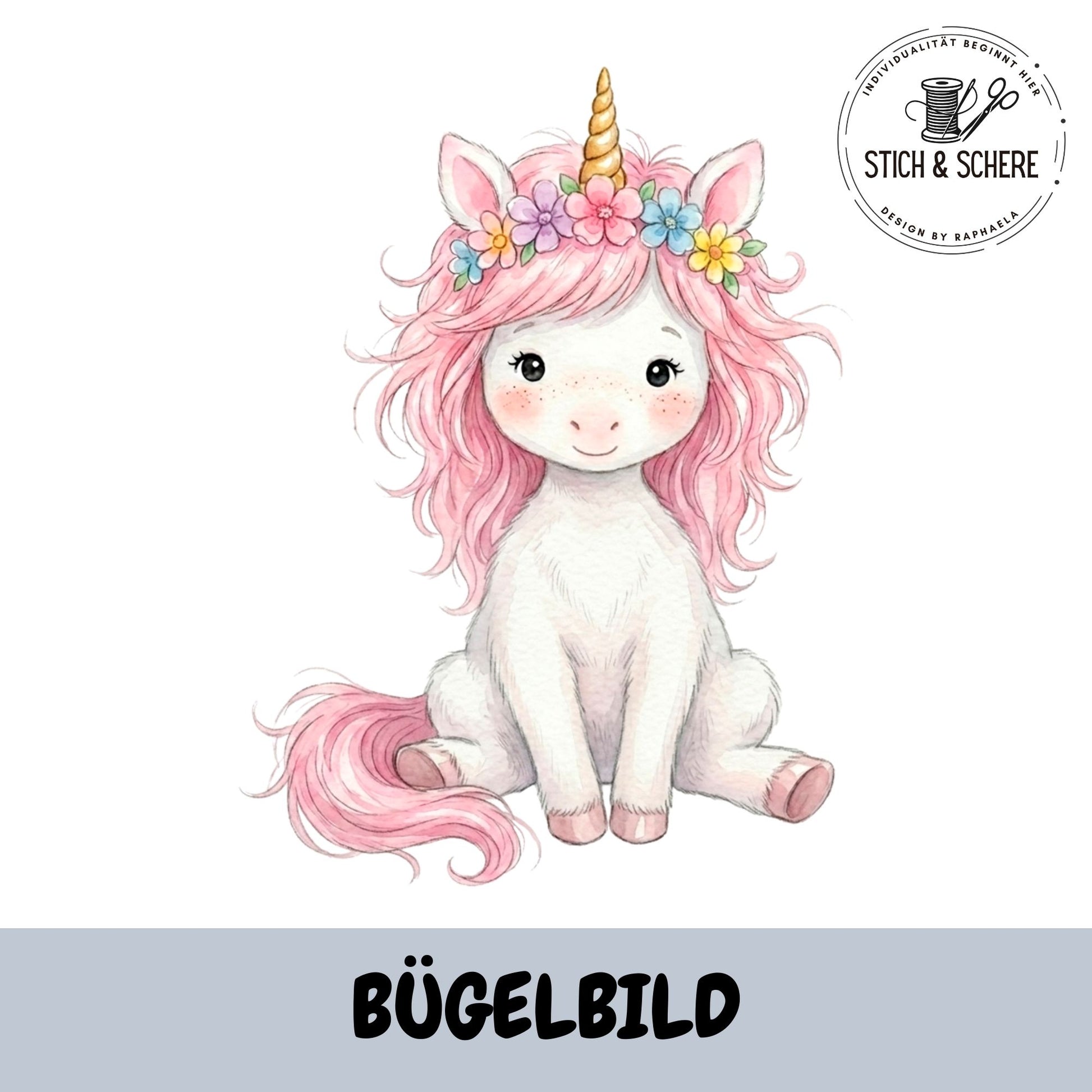 Bügelbild Einhornzauber mit niedlichem weißem Einhorn, rosa Mähne und buntem Blumenkranz