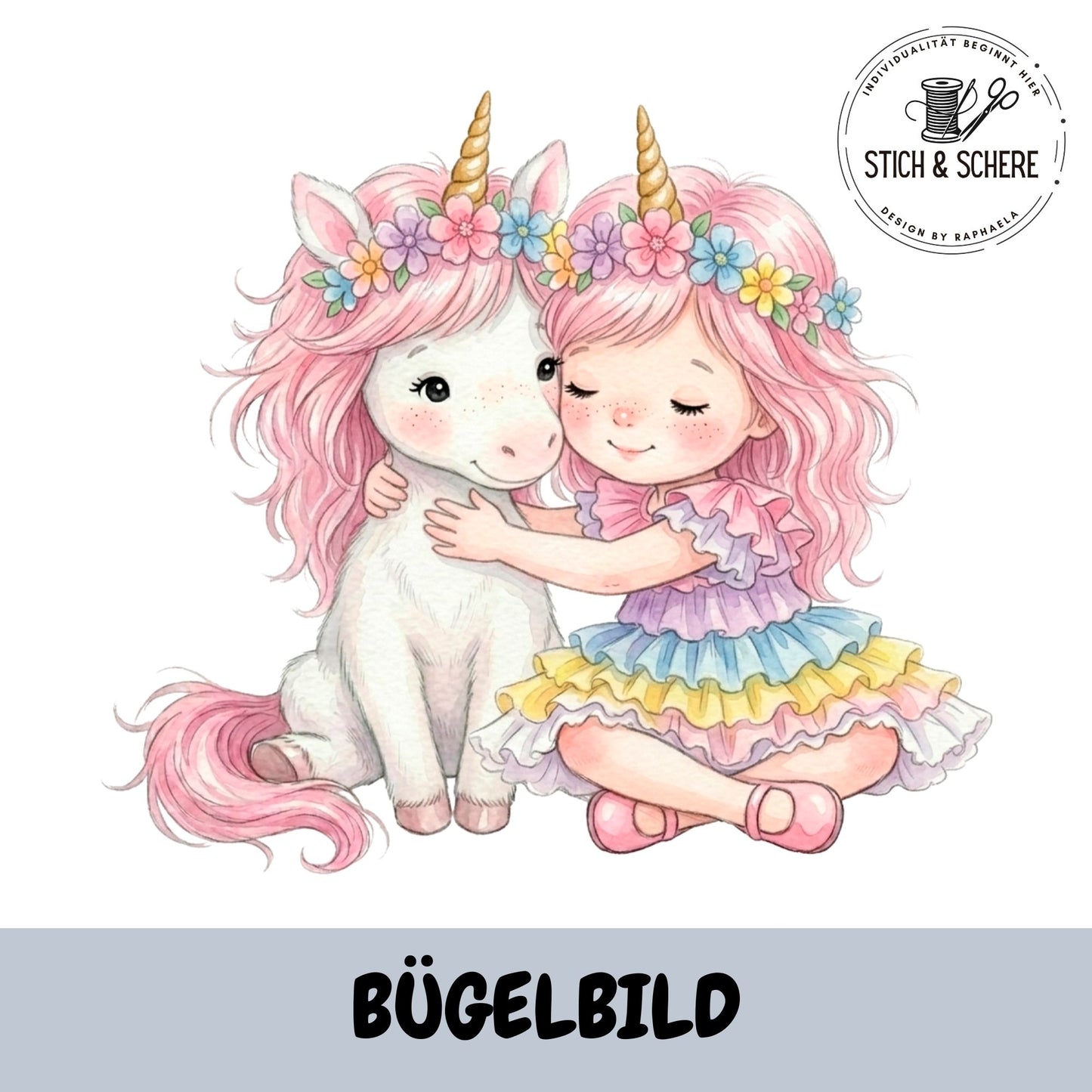Bügelbild Einhornzauber mit Mädchen im Regenbogenkleid, das ein niedliches Einhorn liebevoll umarmt