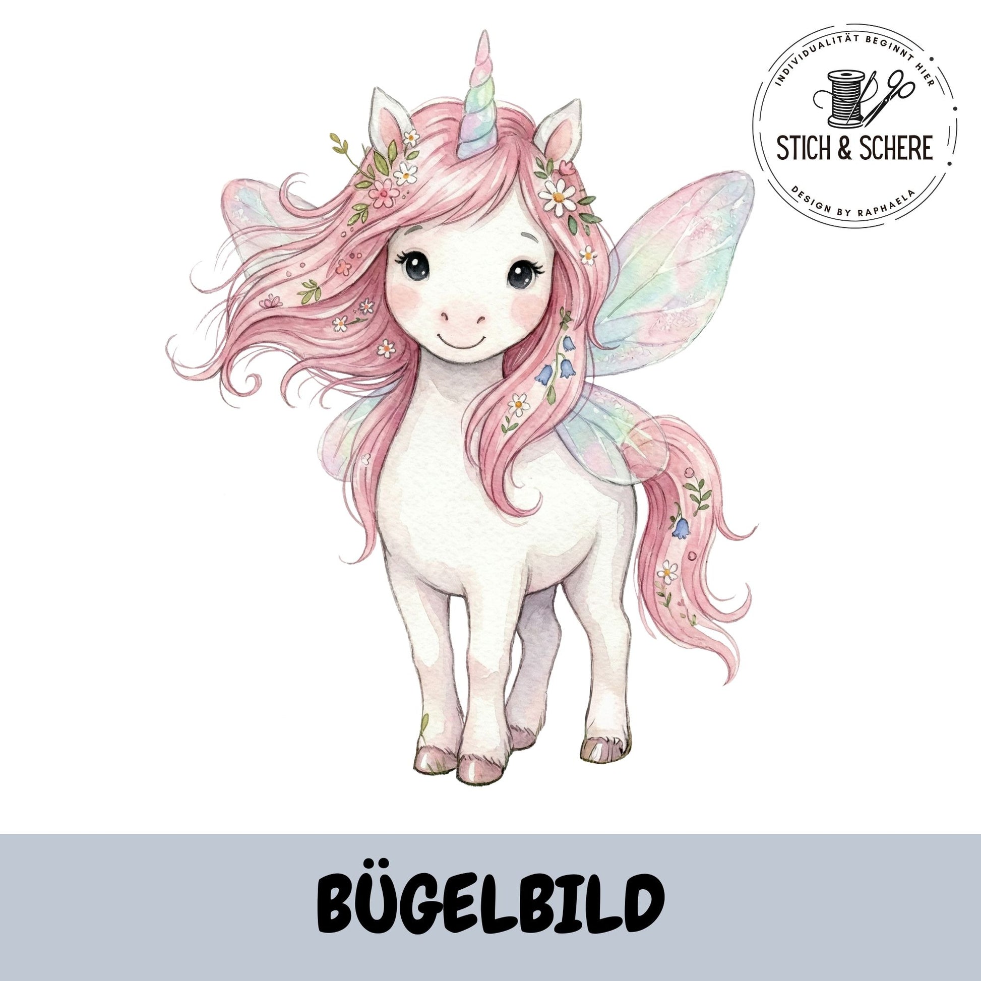 Bügelbild Elfenzauber mit weißem Einhorn, rosa Mähne, Blumenkranz und schimmernden Feenflügeln