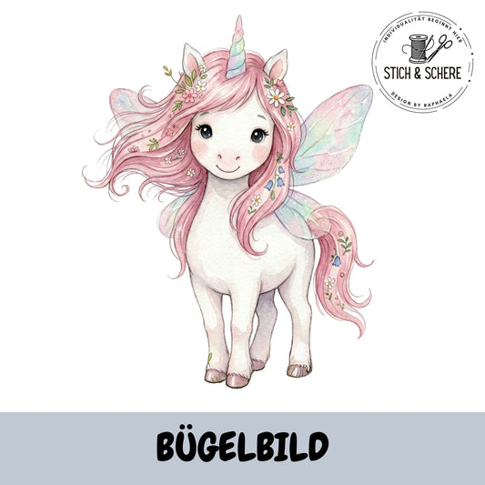 Bügelbild Elfenzauber mit weißem Einhorn, rosa Mähne, Blumenkranz und schimmernden Feenflügeln