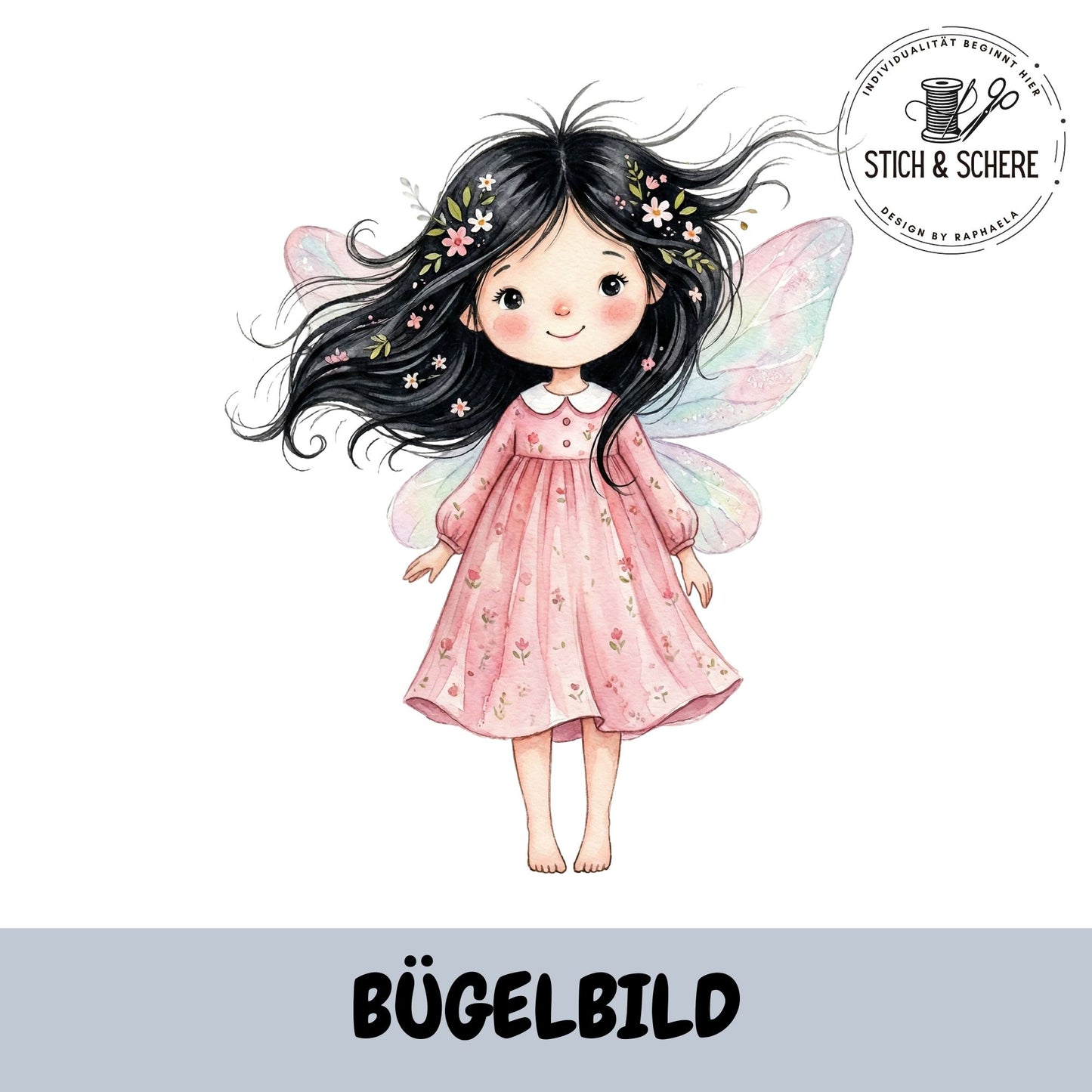 Bügelbild Elfenzauber mit niedlichem Feenmädchen im rosa Kleid und schimmernden Flügeln im Aquarellstil