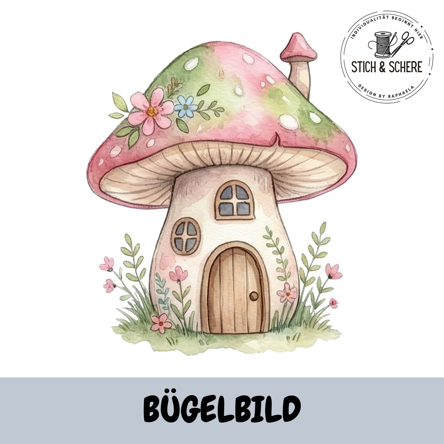 Bügelbild Elfenzauber mit märchenhaftem Pilzhäuschen in Pastellfarben und floralen Verzierungen