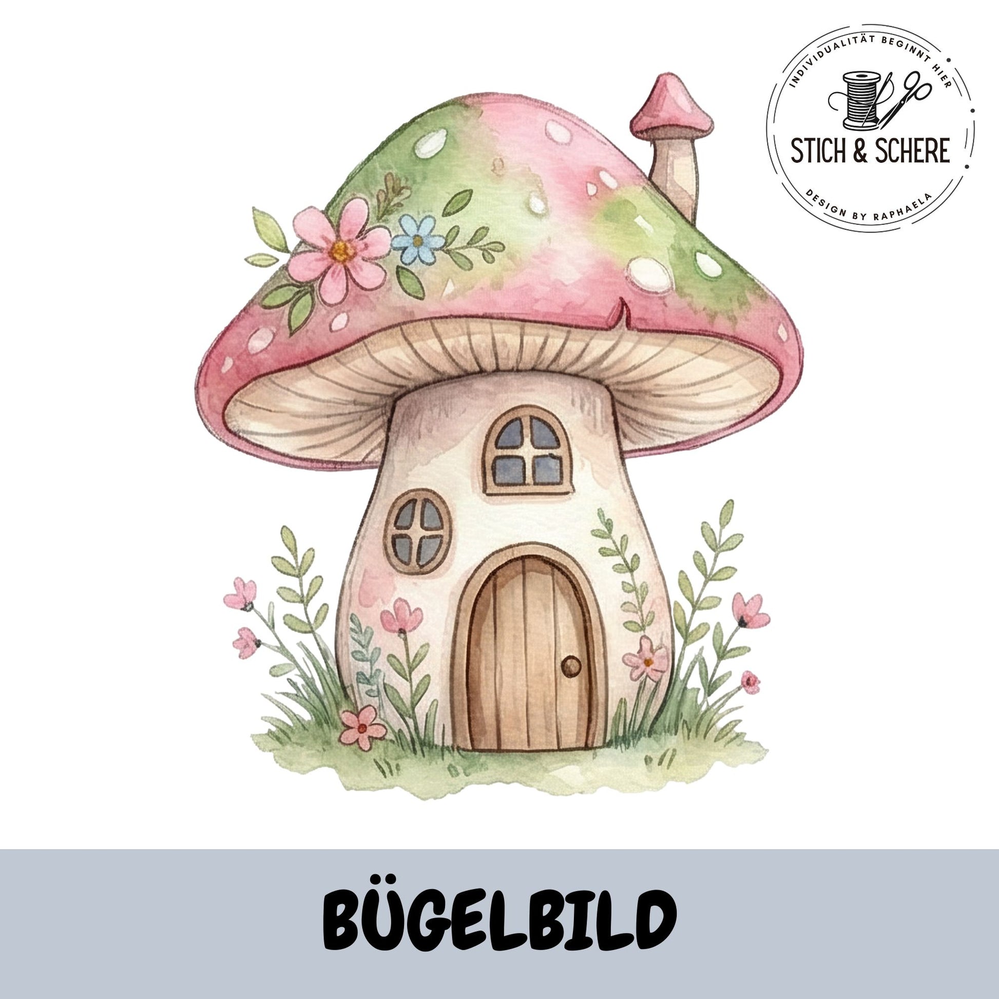 Bügelbild Elfenzauber mit märchenhaftem Pilzhäuschen in Pastellfarben und floralen Verzierungen