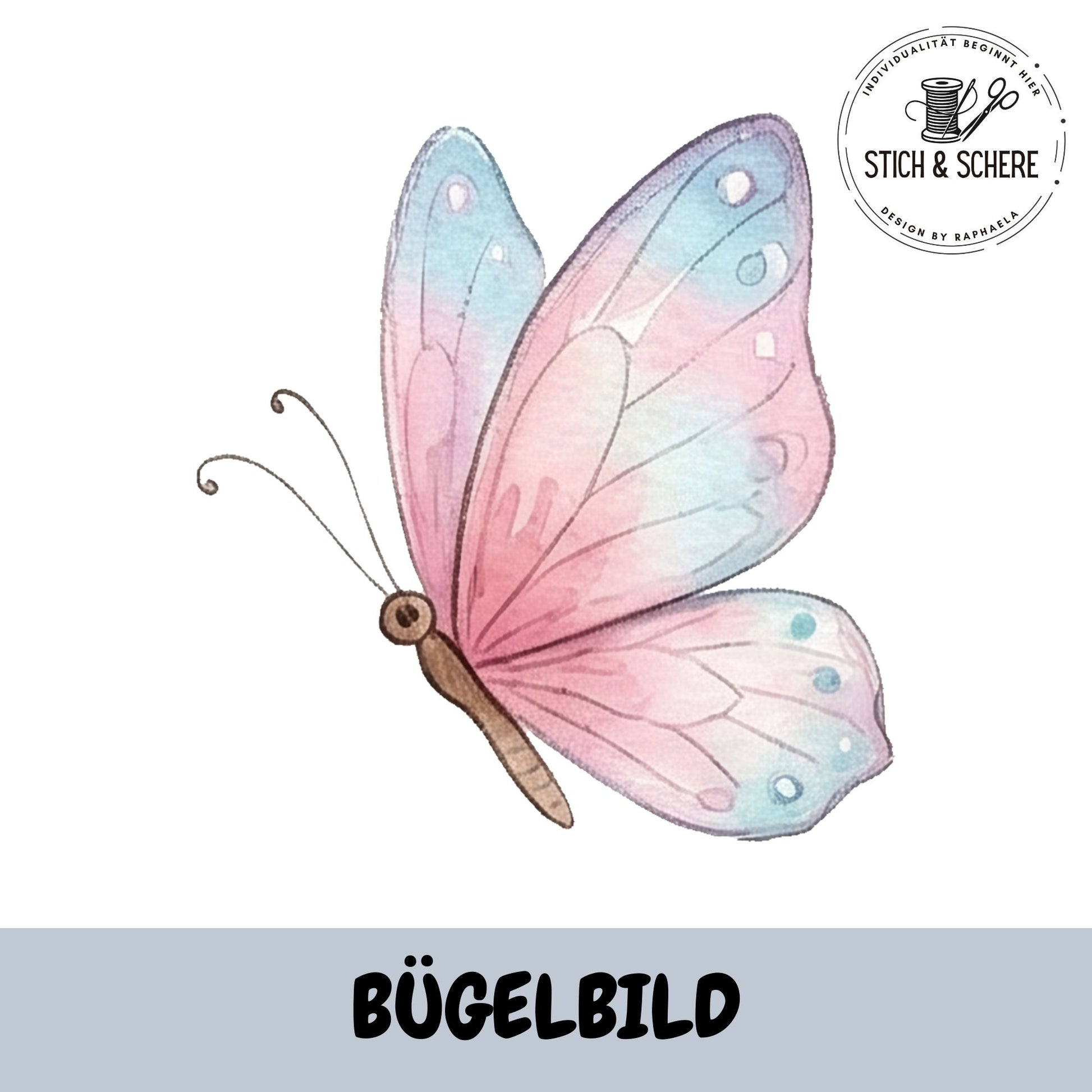 Bügelbild Elfenzauber mit filigranem Schmetterling in zarten Rosa- und Blautönen im Aquarellstil