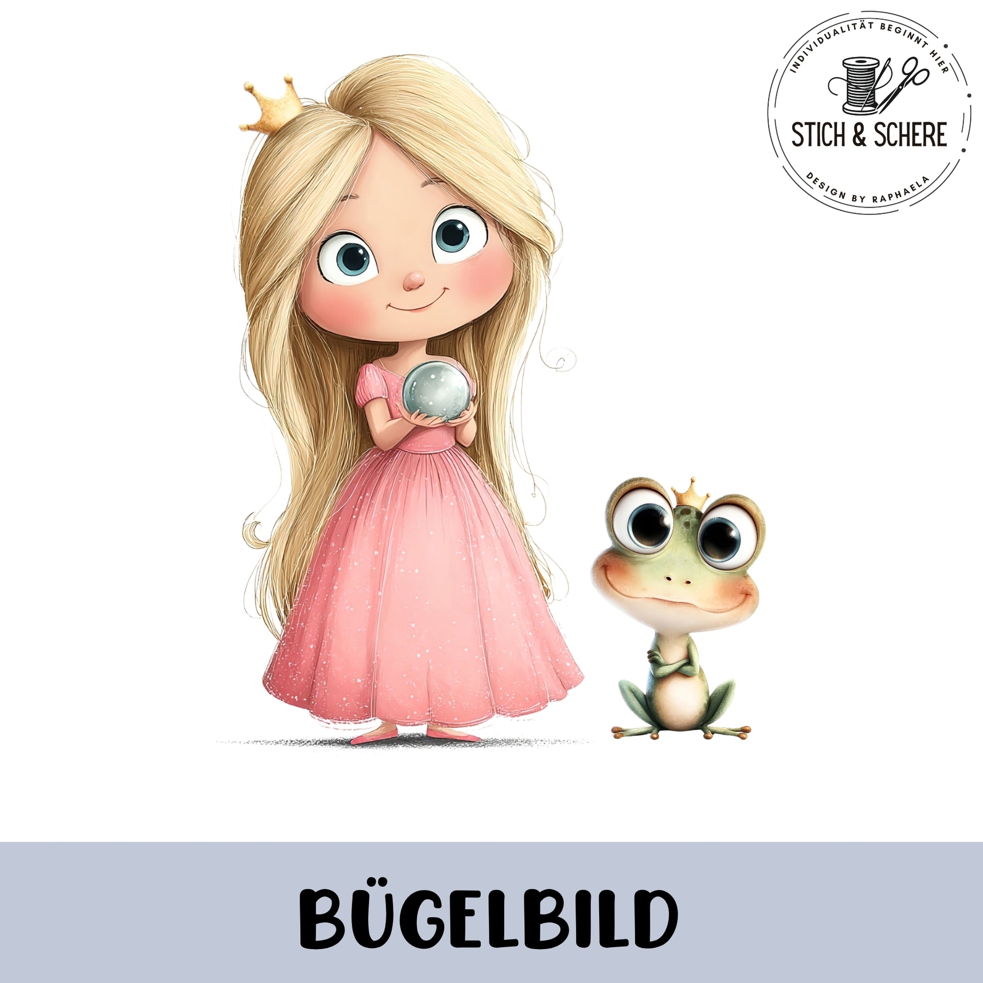 Bügelbild mit kleiner Prinzessin im rosa Kleid und gekröntem Frosch in zarten Pastelltönen.