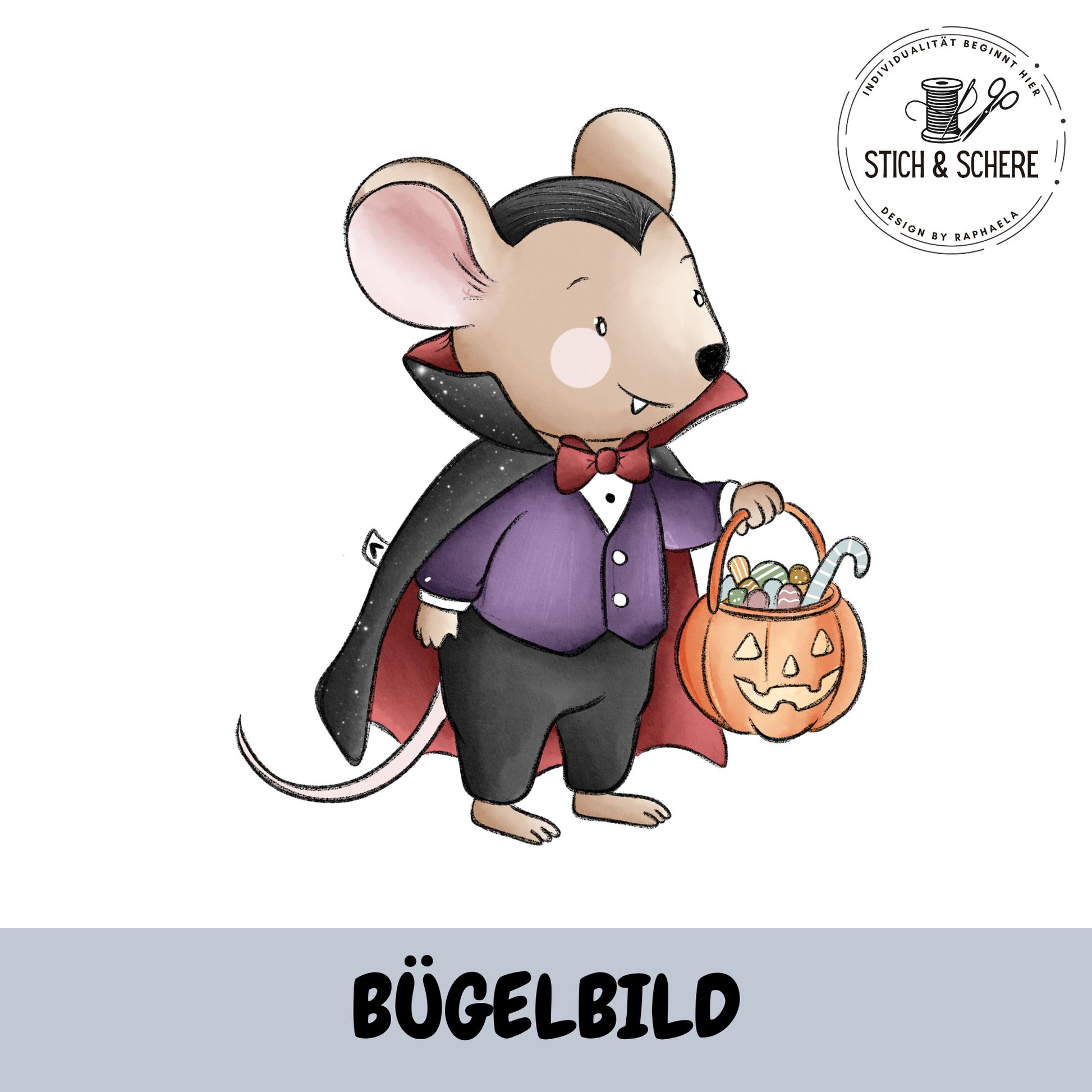Bügelbild Halloweenmäuse Vampirmaus mit Umhang und Kürbiskorb – design von.Lene