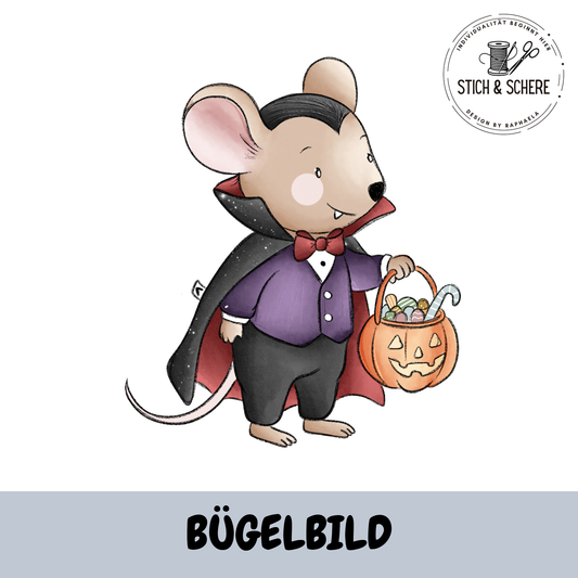 Bügelbild Halloweenmäuse Vampirmaus mit Umhang und Kürbiskorb – design von.Lene