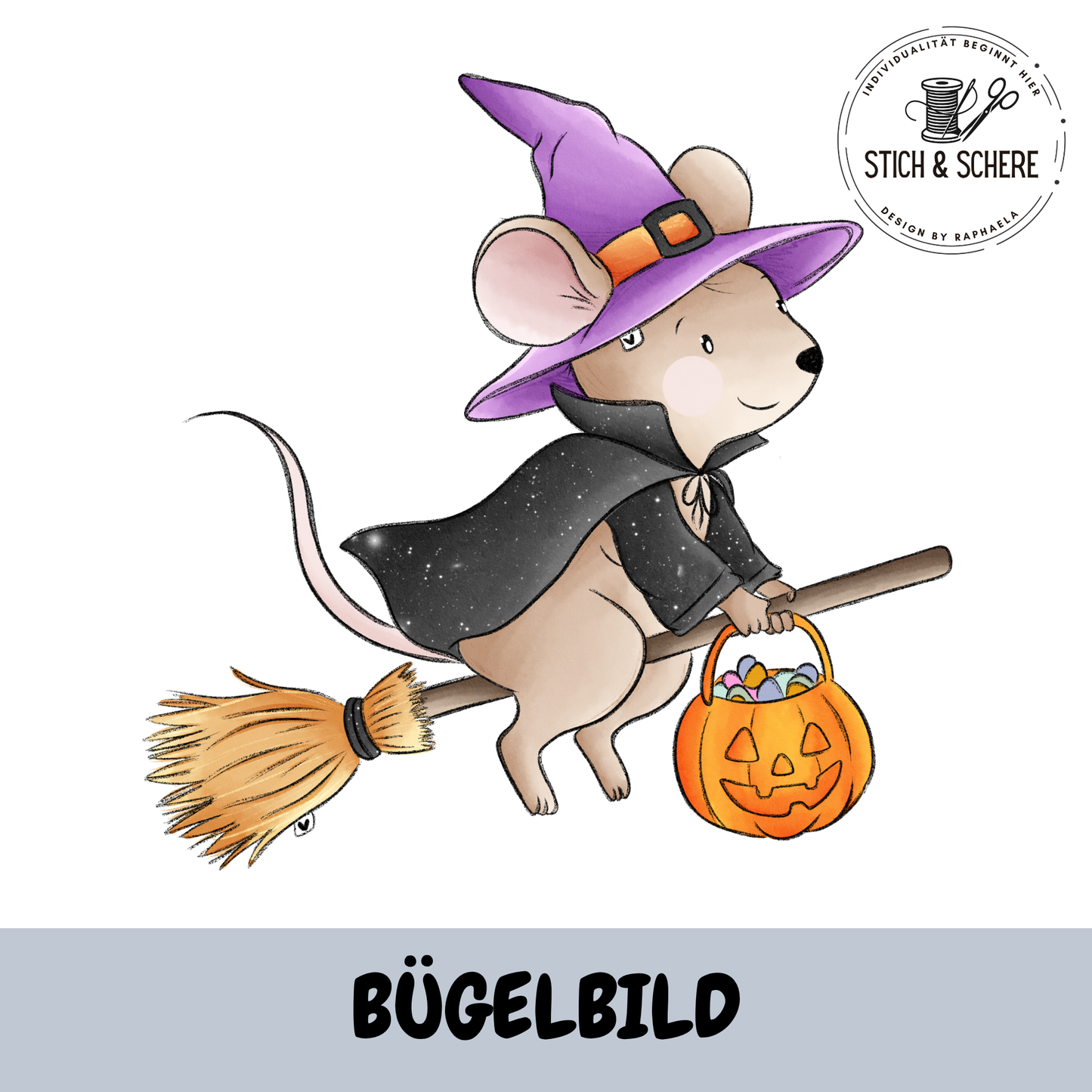 Bügelbild Halloweenmäuse Hexenmaus auf Besen mit Kürbiskorb – design von.Lene