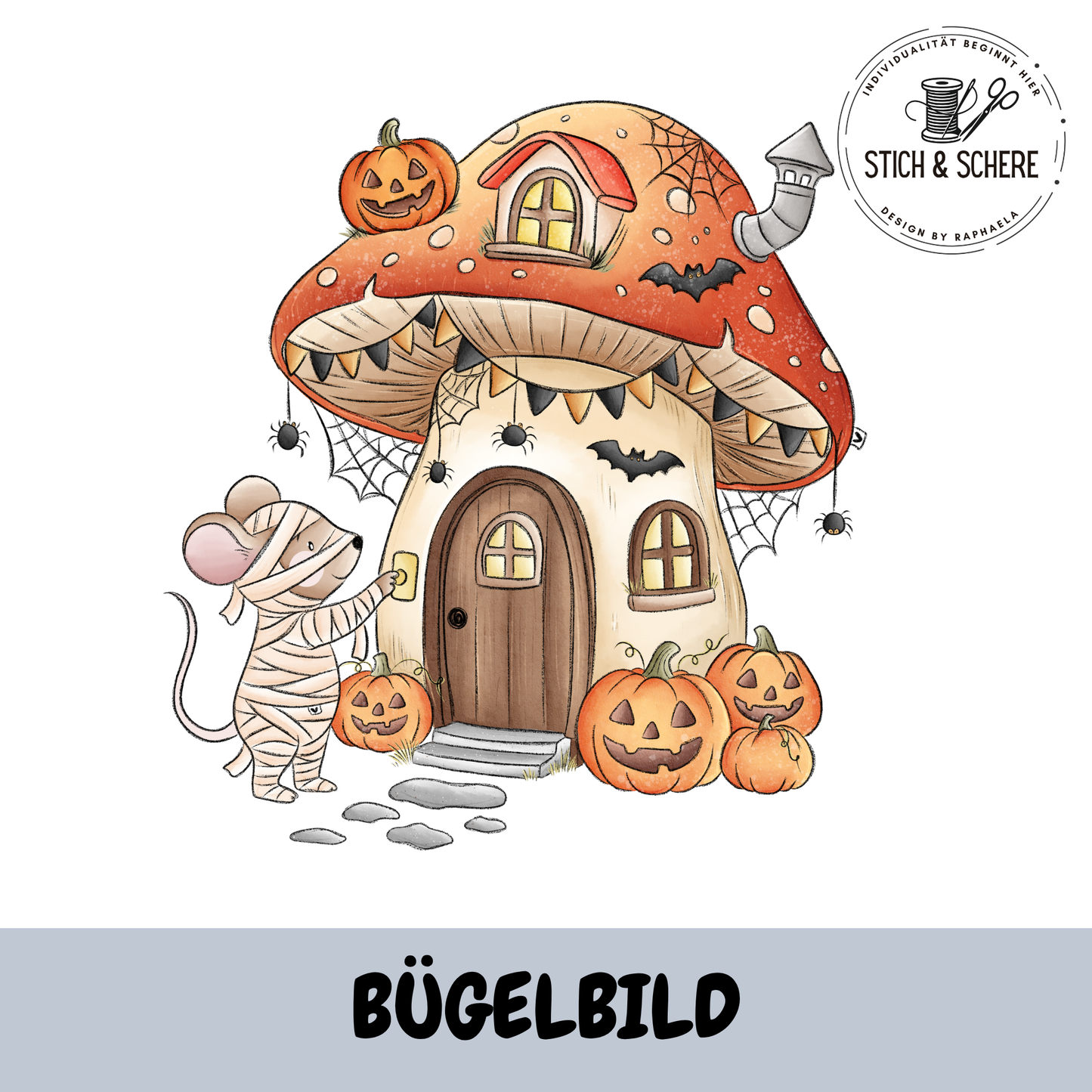 Bügelbild Halloweenmäuse Mumienmaus vor Halloween-Pilzhaus mit Kürbissen – design von.Lene