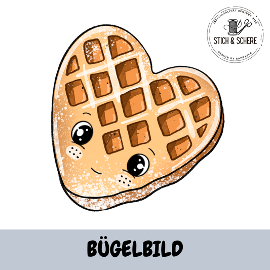 Herzwaffel Bügelbild – süße herzförmige Waffel mit großen Kulleraugen und rosigen Wangen von Katzengold Designs