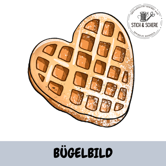 Herzwaffel Bügelbild – herzförmige goldbraune Waffel mit Puderzucker-Optik von Katzengold Designs