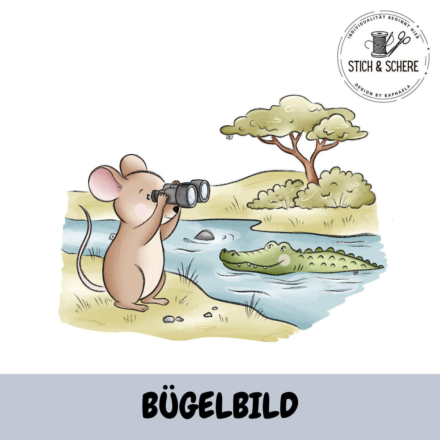 Bügelbild „Mäusesafari“ mit kleiner Entdeckermaus am Flussufer und Krokodil im Safari-Aquarellstil