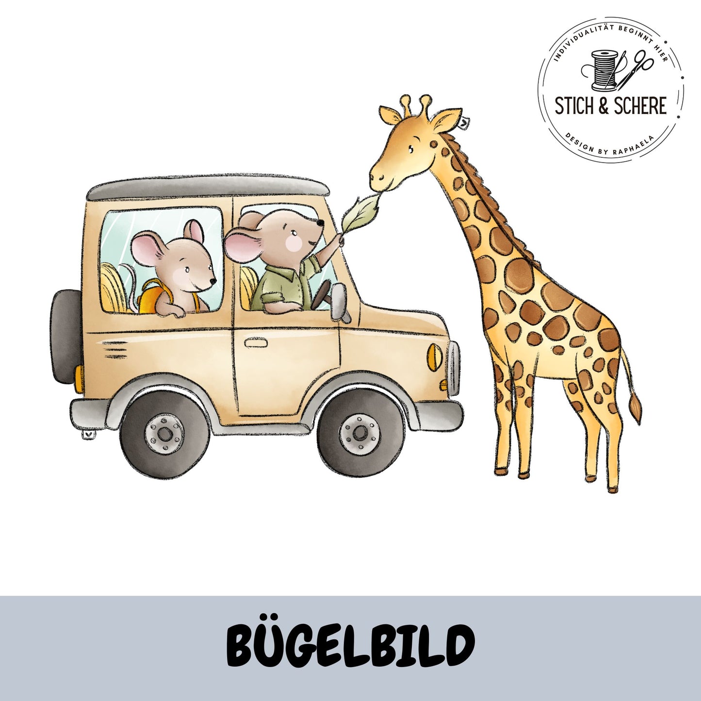Bügelbild „Mäusesafari“ mit zwei kleinen Mäusen im Geländewagen, die eine Giraffe füttern, im liebevollen Aquarellstil