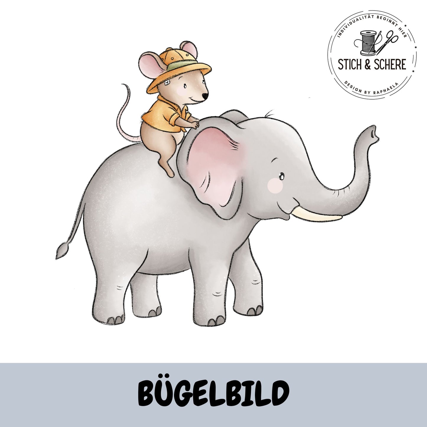 Bügelbild „Mäusesafari“ mit kleiner Safari-Maus auf einem freundlichen Elefanten im handgemalten Aquarellstil