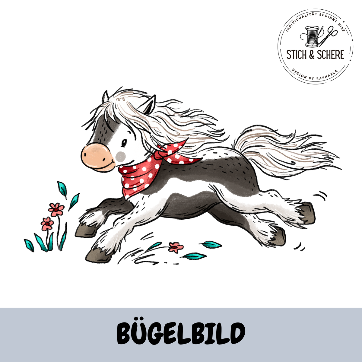 Pferdehorde Taupe Schecke Bügelbild – galoppierendes schwarz-weißes Pferd mit rotem Halstuch und Blumen