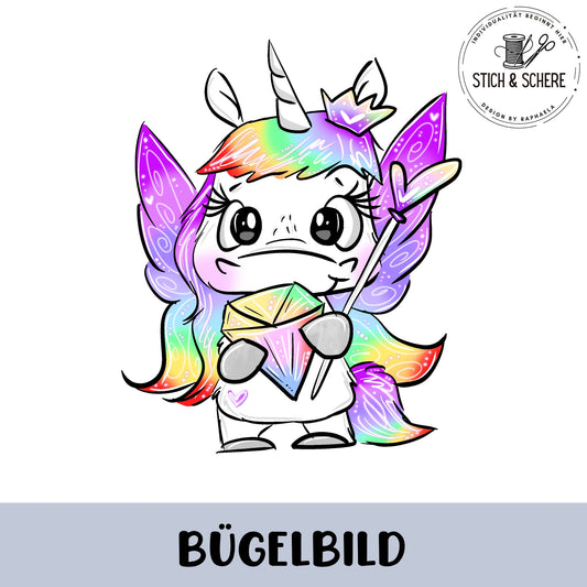 Süßes Einhorn mit funkelndem Kristall als Aufbügler für DIY-Kinderkleidung.