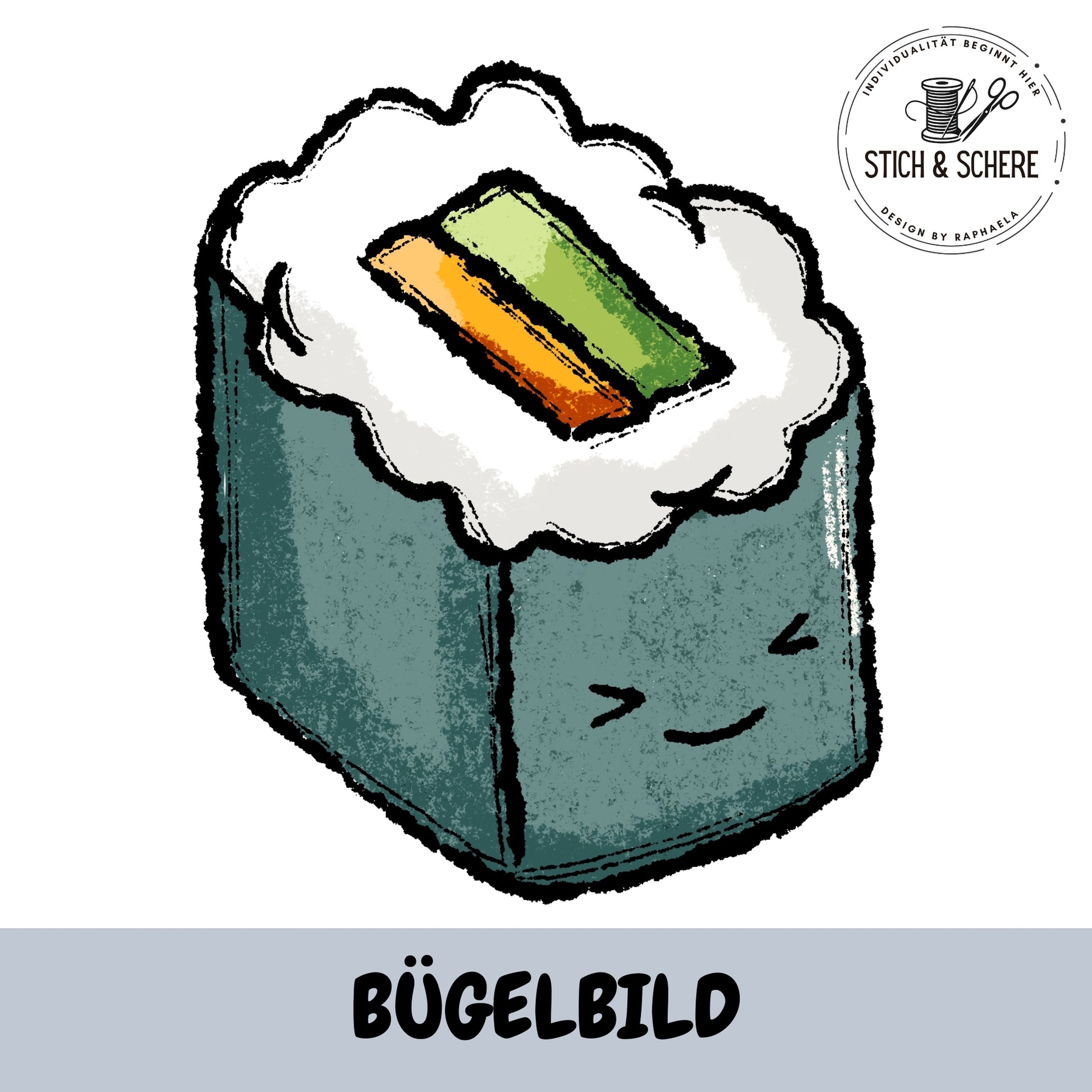 Niedliches Sushi Maki Bügelbild „Sushilein“ von Katzengold-Designs mit grün-oranger Füllung und lächelndem Gesicht