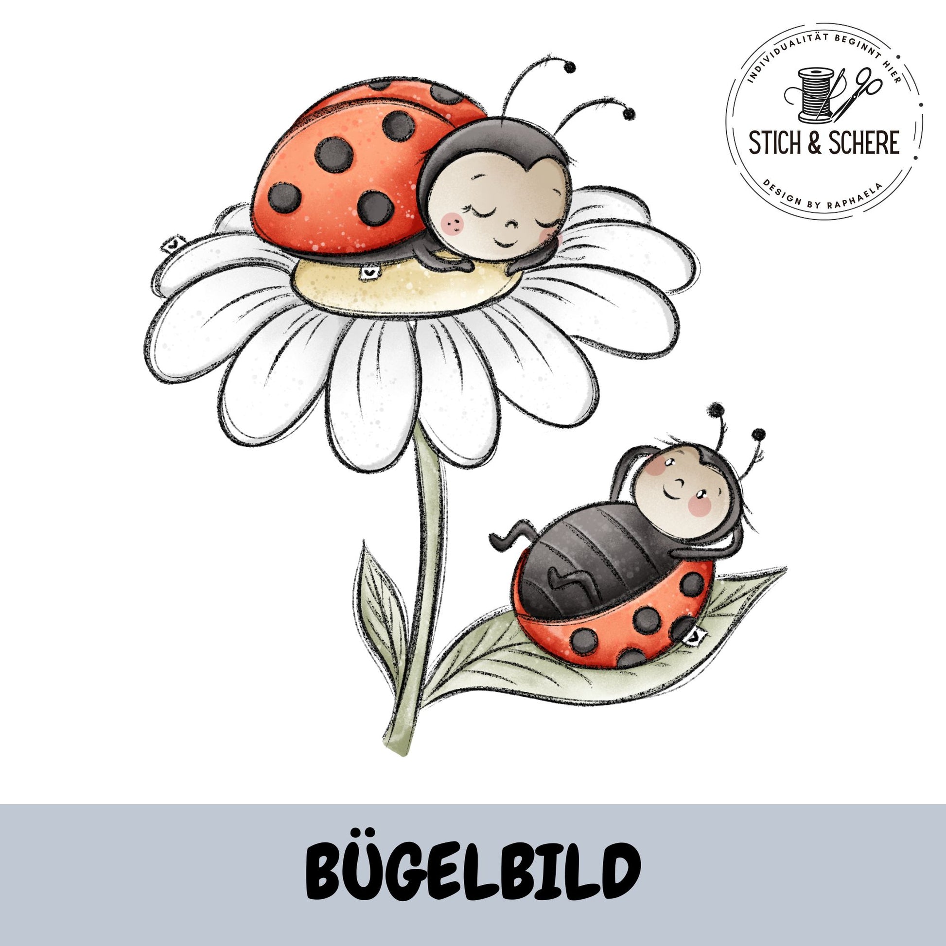 Bügelbild „Marienkäfer“ mit zwei niedlichen Marienkäfern und großer Blüte im verspielten Aquarellstil als hochwertiger DTF-Transfer