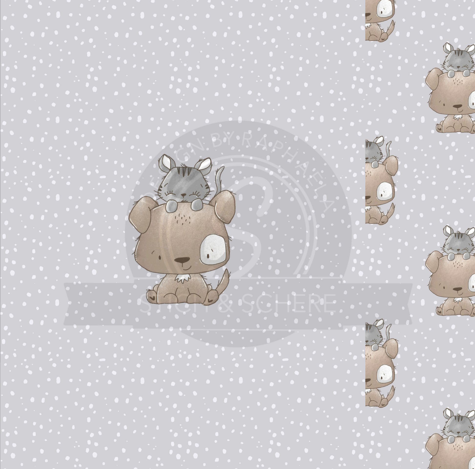 Kinderstoff „Little Memories“ – liebevolles Motiv mit Hund und Katze sowie abgestimmtem Muster.
