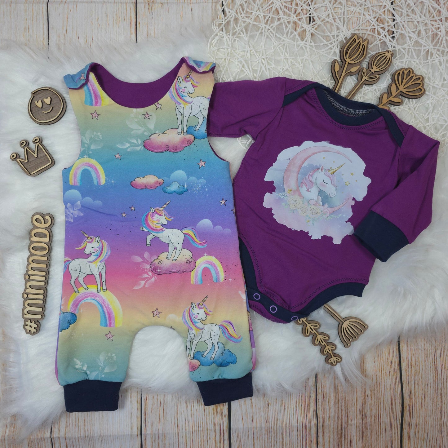 Einhorn Baby Set Größe 50/56 aus French Terry handgemacht Strampler und Body Regenbogen Einhorn