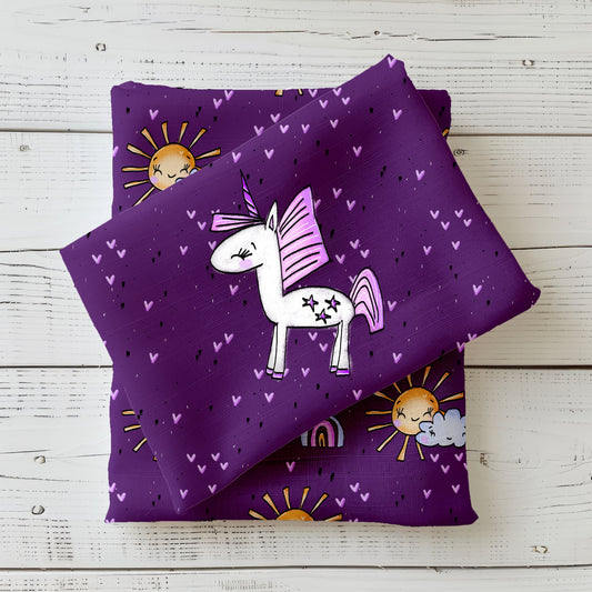 Einhorn-Panel „Believe in Magic“ mit sonniger Musterkombi auf Jersey.