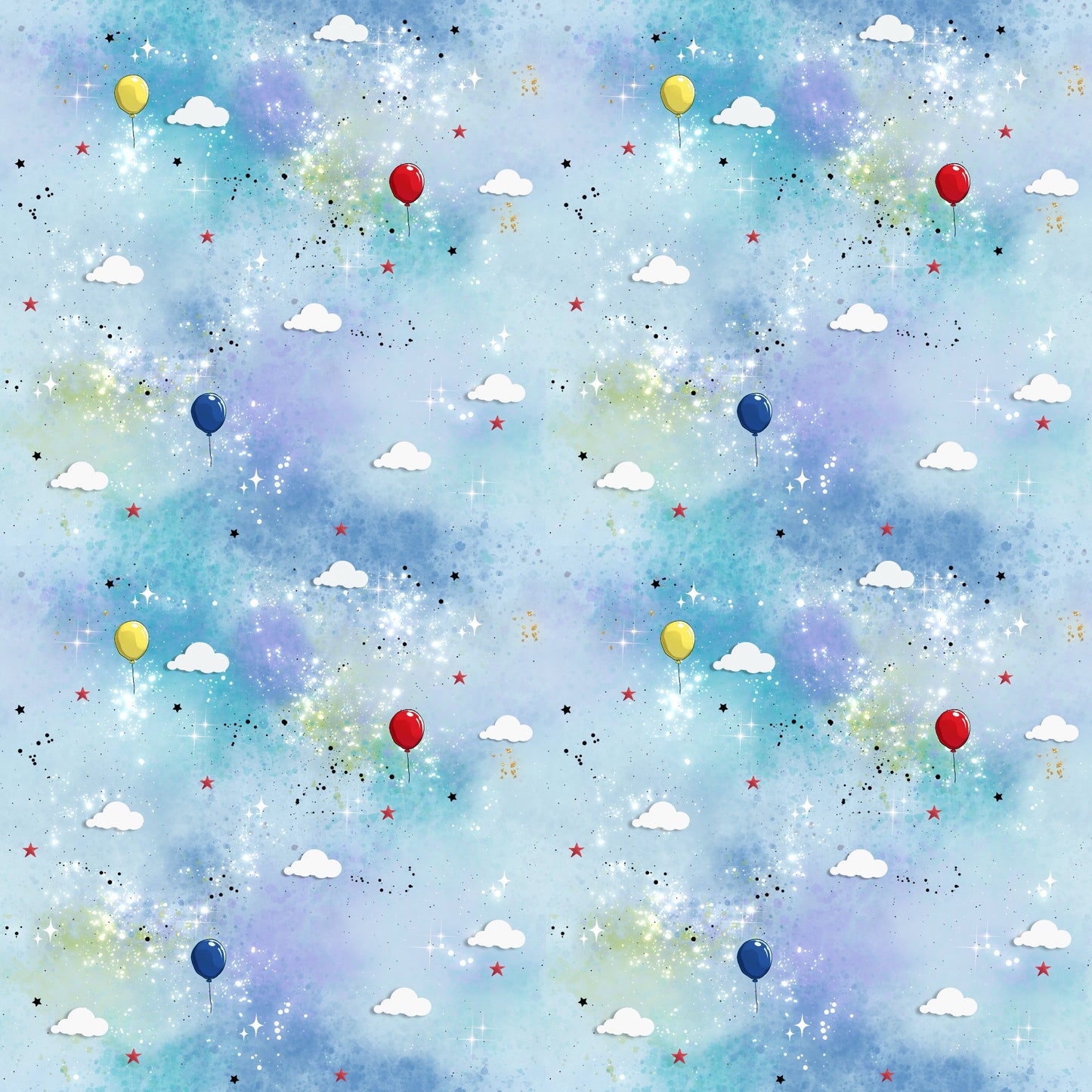 Fliegende Träume Kombi Kinderstoff mit Wolken & Ballons auf Himmelblau.