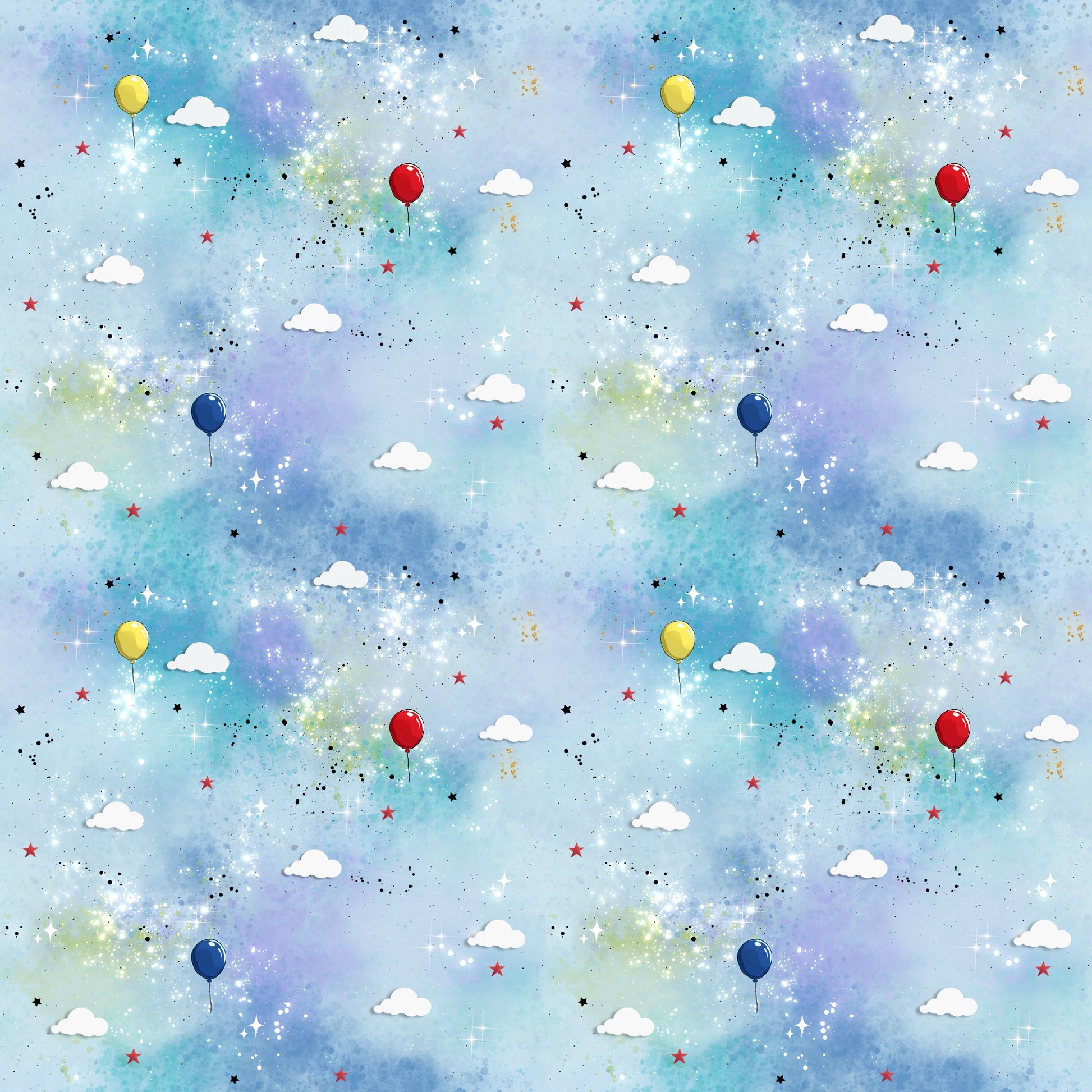 Fliegende Träume Kombi Kinderstoff mit Wolken & Ballons auf Himmelblau.
