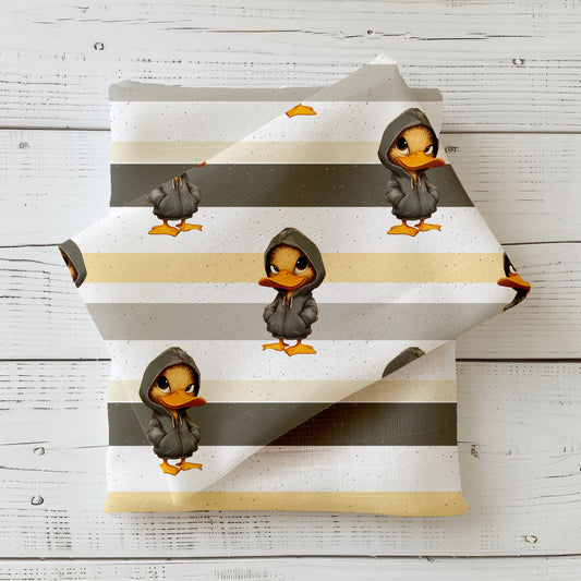 Kinderstoff Freche Ente – Jersey mit cooler Ente im Hoodie & Streifen.