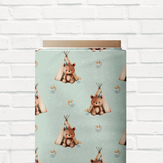 Weicher French Terry Stoff mit Bären und Tipi in Mint – Perfekt für Kinderkleidung.