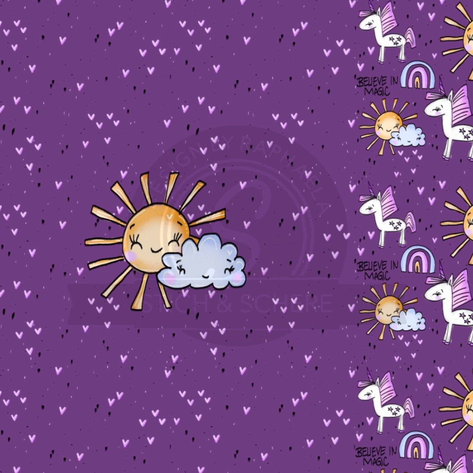 Magischer Stoff mit strahlendem Sonnenmotiv und Einhorn-Design.