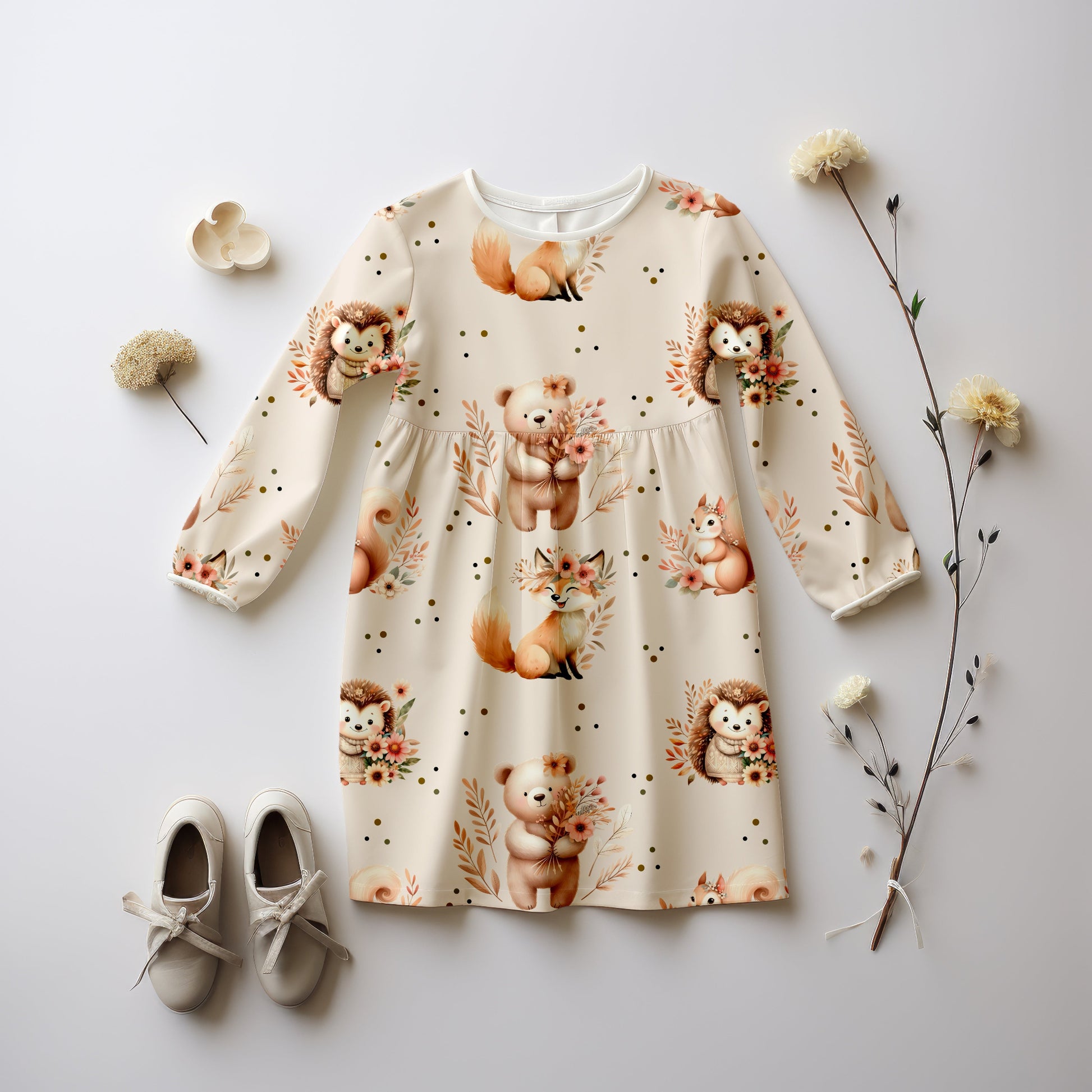 Weicher Kinderstoff mit Füchsen, Bären, Igeln und Eichhörnchen in warmen Erdtönen, ideal für Shirts, Kleider & Mützen.