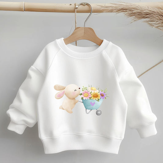 Frühlingshaftes Hasenmotiv als Aufbügler für DIY-Kinderkleidung.