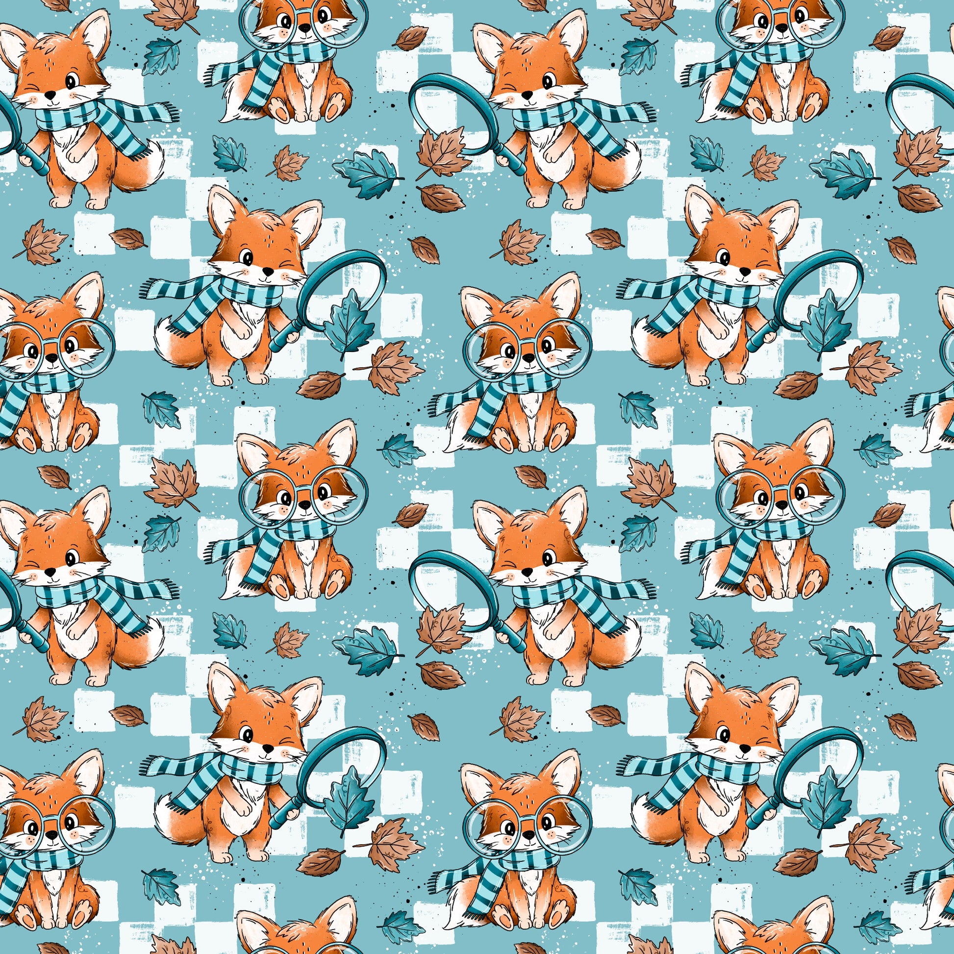 Fuchssuche von Katzengold-Designs mit niedlichen Füchsen und Lupen auf Aquablau – Reaktivdruck