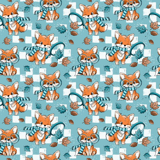 Fuchssuche von Katzengold-Designs mit niedlichen Füchsen und Lupen auf Aquablau – Reaktivdruck