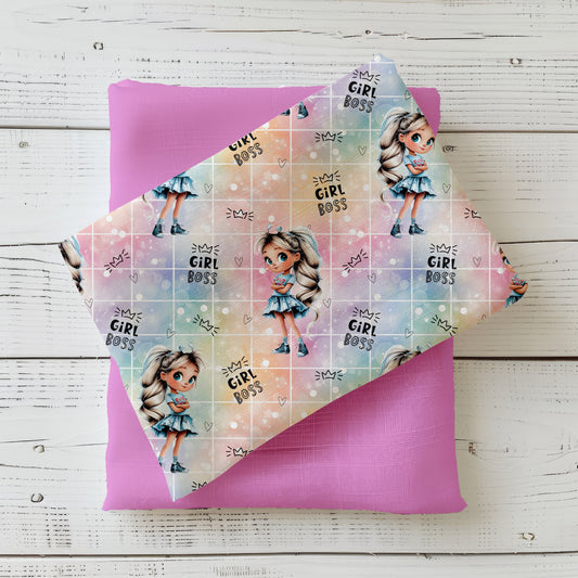 Stoffdesign Girl Boss – Gesamtansicht mit Power-Mädchen und buntem Hintergrund.