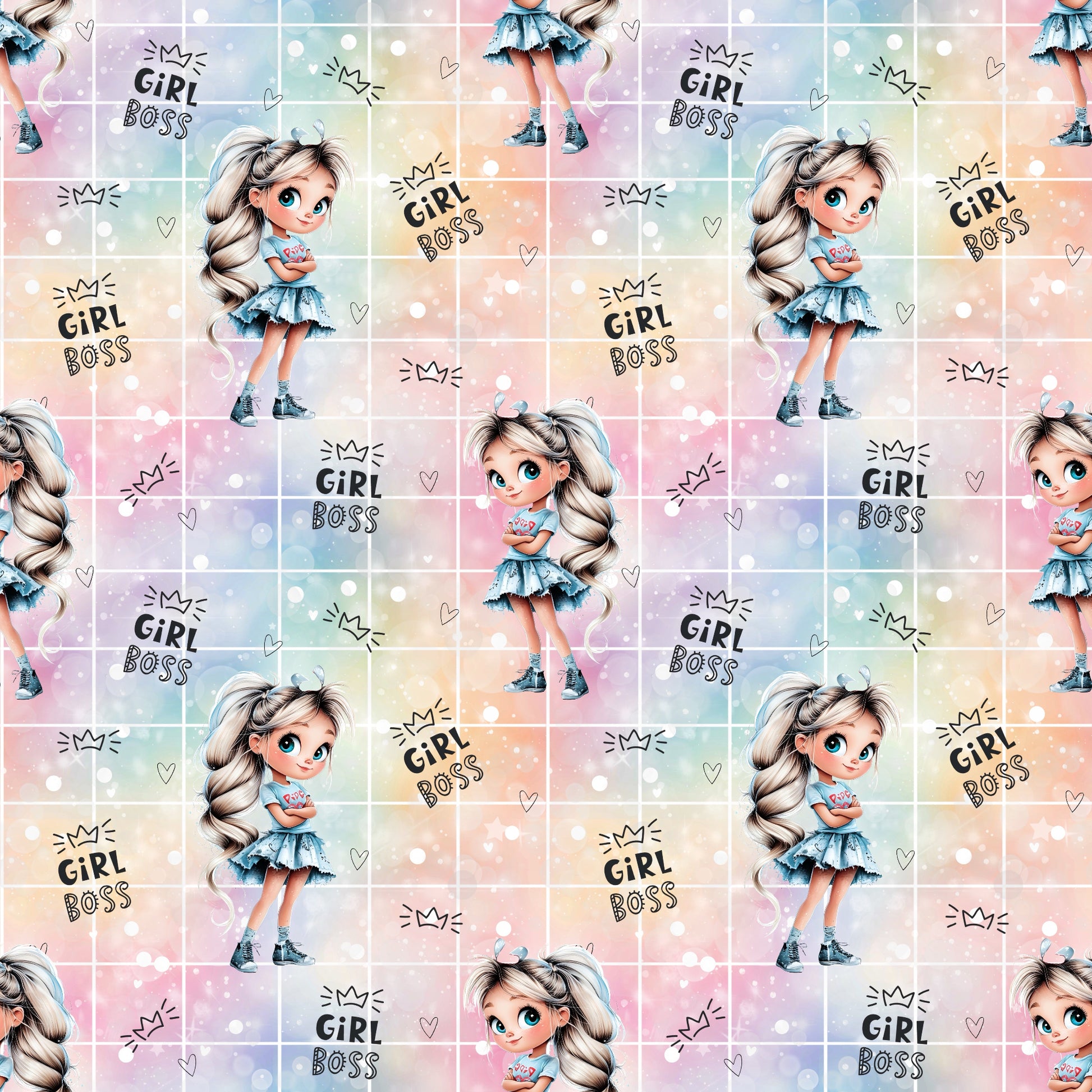 Stoffdesign Girl Boss – Gesamtansicht mit Power-Mädchen und buntem Hintergrund.