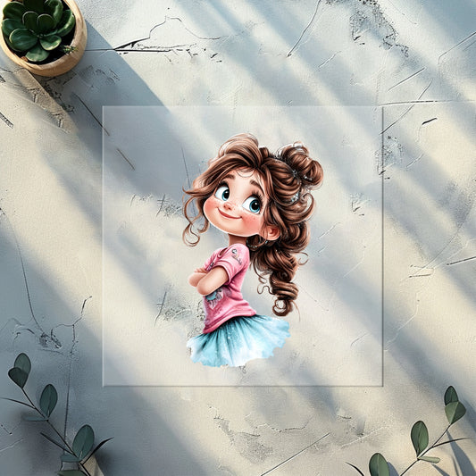 Niedliches Mädchenmotiv als Glitzer-Bügelbild – ideal für DIY Kinderkleidung.