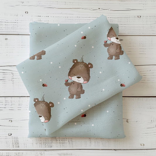 Kinderstoff Hallo kleiner Freund mit niedlichem Bärenmotiv und Marienkäfer für Baby- & Kinderkleidung