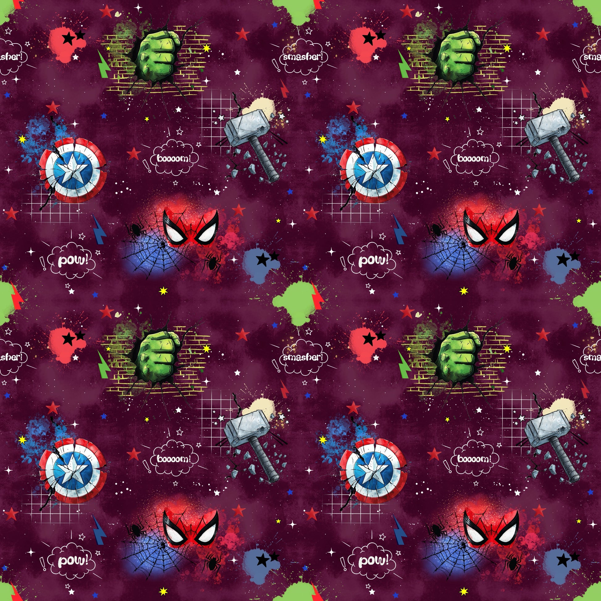 Comic Stoffdesign mit Superhelden-Symbolen auf weinrotem Hintergrund – ideal für Kinderkleidung.