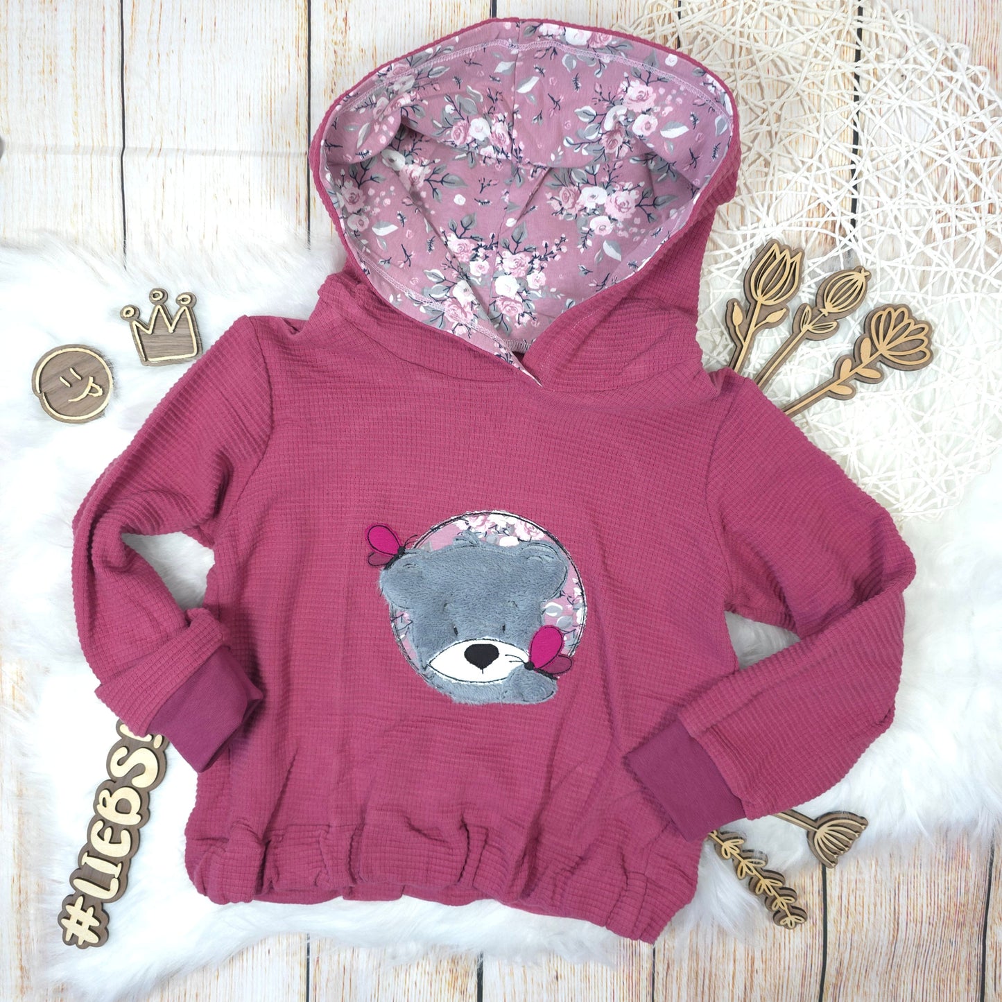 Kinder Hoodie Größe 110 Waffeljersey Stickerei Teddy handgemacht