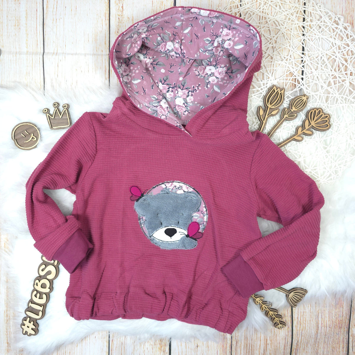 Kinder Hoodie Größe 110 Waffeljersey Stickerei Teddy handgemacht