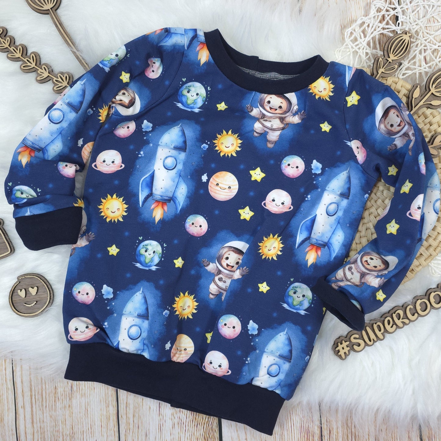 Kinder Pullover Größe 92 Weltraum Astronaut French Terry handgemacht