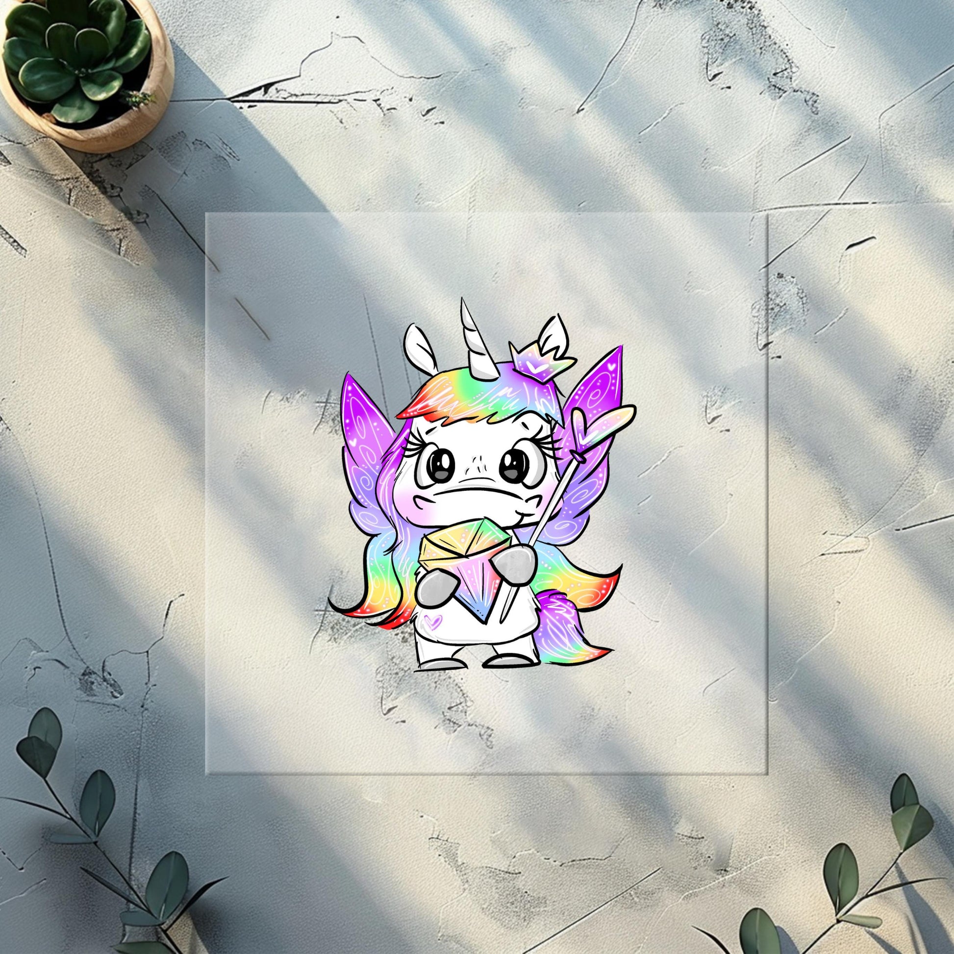 Süßes Einhorn mit funkelndem Kristall als Aufbügler für DIY-Kinderkleidung.
