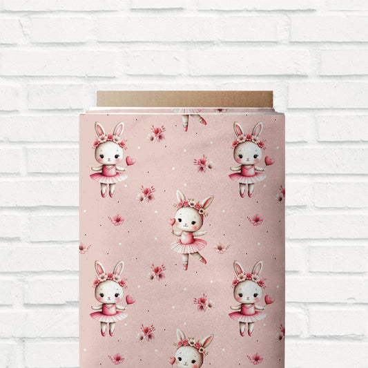 Hasen-Stoff in Rosa mit Ballerina-Motiv und Blumenkranz für Kinderkleidung.
