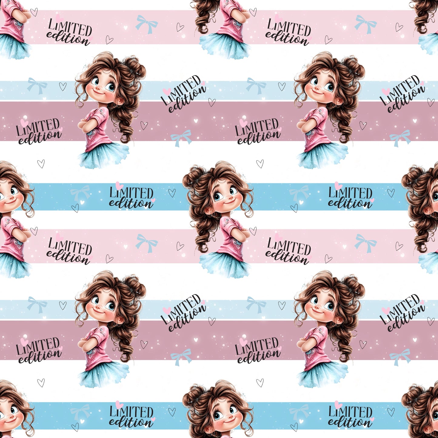 Limited Edition Kinderstoff mit süßem Mädchenmotiv in Rosa und Blau.